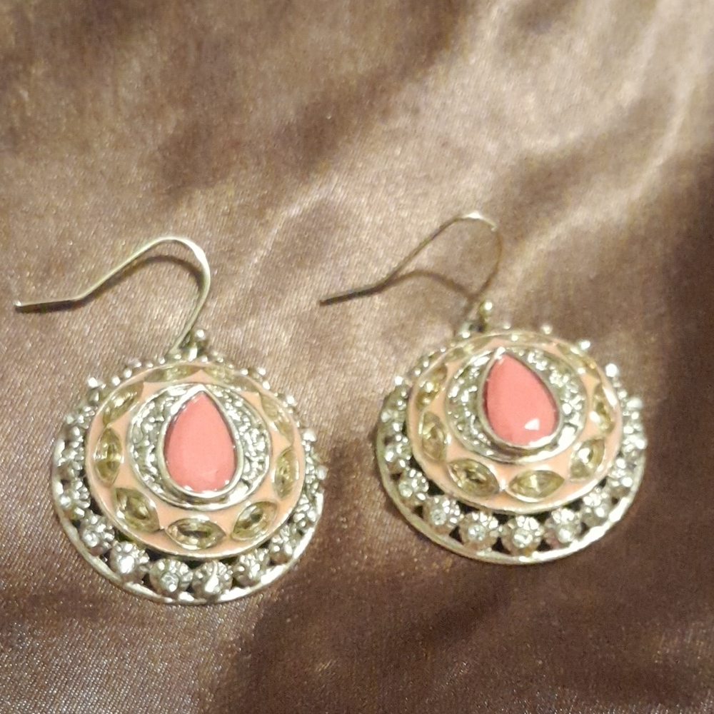 Elegant Gold Tone and Simulated Coral ABS Signed Earrings